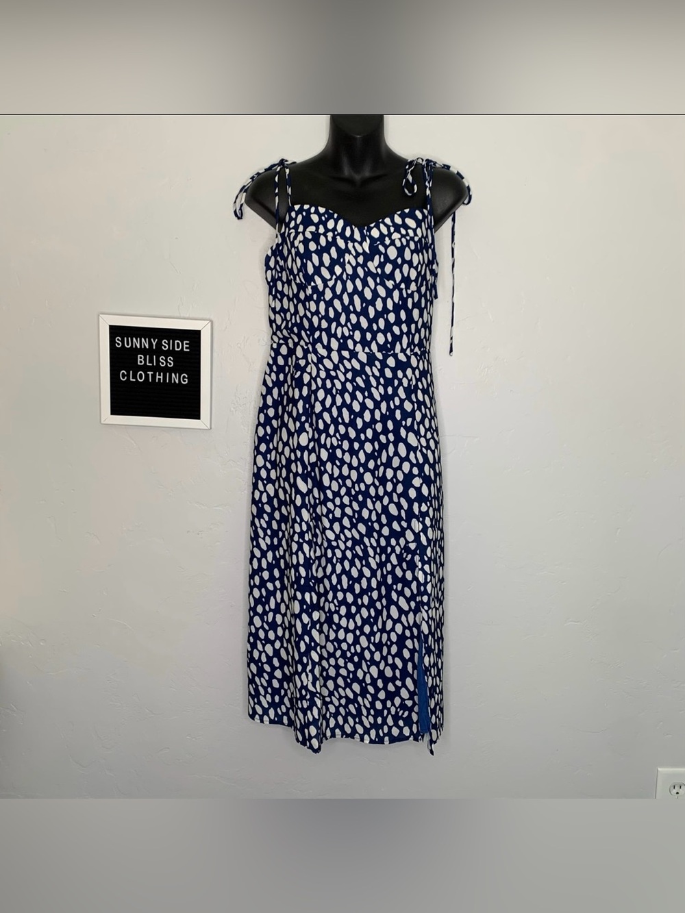 Commense Blue White Spotted Maxi Sundress Small Tie Strap Vacation Dress